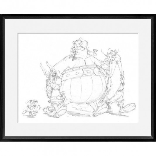 Digigraphie Astérix et Obélix, crayonné au noir - Amitié - 40 X 50 cm - Cadre noir - principal