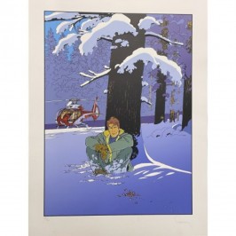 Sérigraphie Largo Winch - Assis dans la neige - Hélicoptère rouge