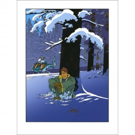 Sérigraphie Largo Winch - Assis dans la neige - Hélicoptère vert